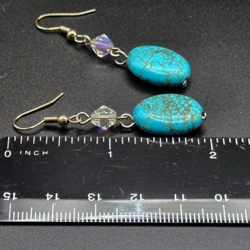 Turquoise Blue Oval‎ Gemstone Dangle Earrings Crystal Accents Silver Tone Hooks